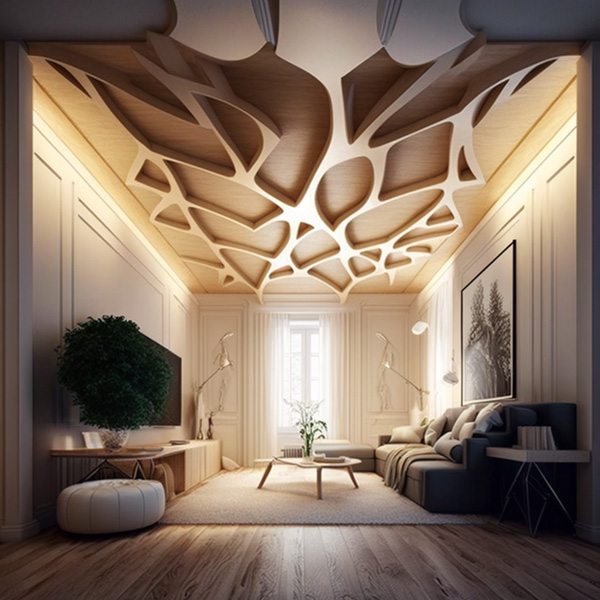 Midjourney prompts interior designs digital art modern living room ceiling, wood patterns, organic classic