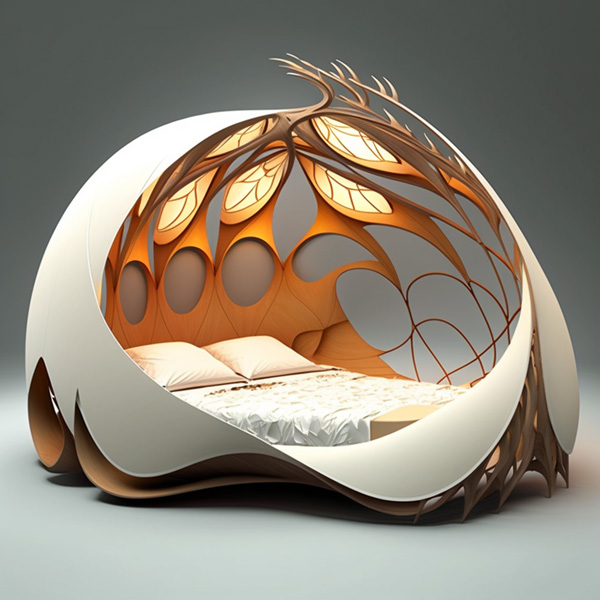 Midjourney prompts interior designs digital art biomimicry organic curved bed