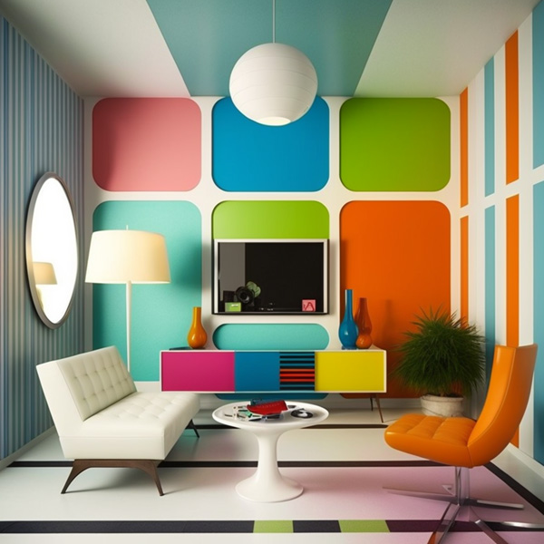 1970s style color pattern wallpaper interior design room