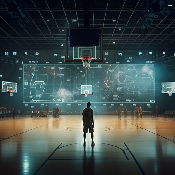 Sport Midjourney prompts An image of a math equation is projected on a basketball court with robots