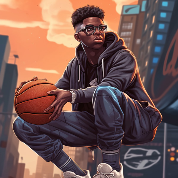 Sport Midjourney prompts realistic black boy wearing shoes and hoodie and sunglasses shooting a basketball