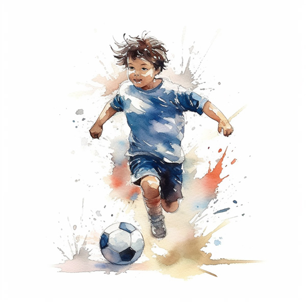 Sport Midjourney prompts Child Playing Football watercolor illustration, white background, simple lines
