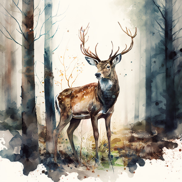 Midjourney animals prompt watercolor deer in the forest, hyperdetailed