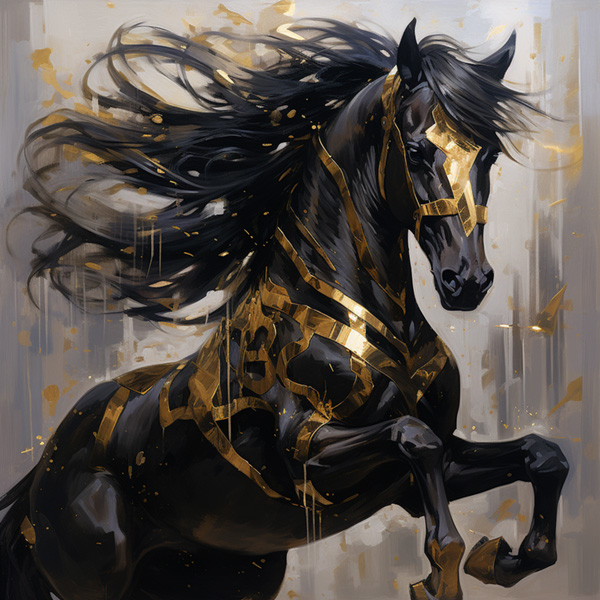 Midjourney animals prompts examples A horse in motion adorned with gold and black