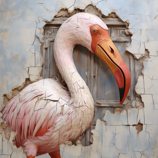 Midjourney prompt A flamingo with a painted face on an old wall