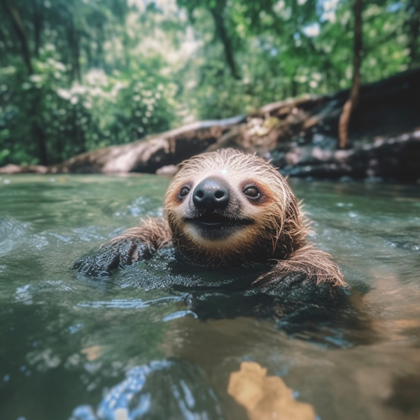 Animals Midjourney prompts A photo of a cute sloth with its tongue hanging out swimming in a river