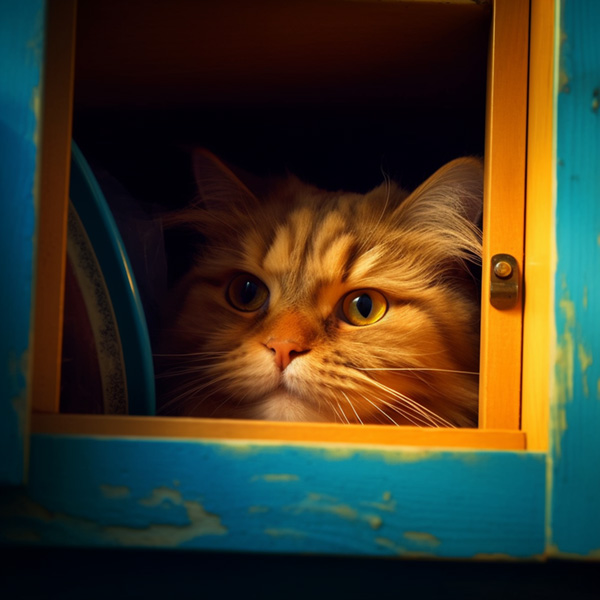 Midjourney prompts A playful fluffy cat hiding in a kitchen cupboard