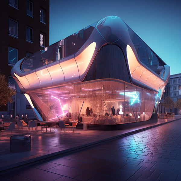 Midjourney prompt commands example exterior of futuristic restaurant,