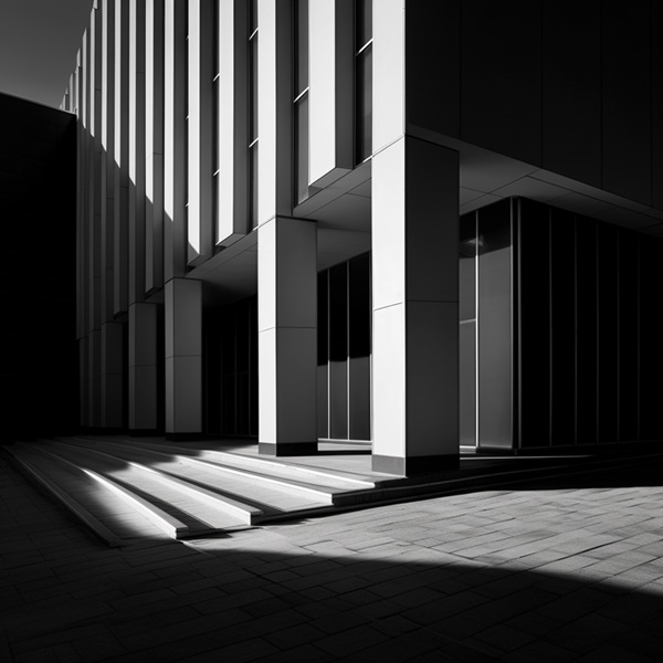 Midjourney prompts A minimalist architectural composition showcasing the interplay of light and shadow on a sleek