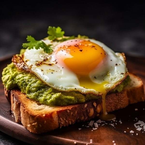 Food midjourney prompt Toast with guacamole and fried egg, photo for the restaurant menu, macro photo