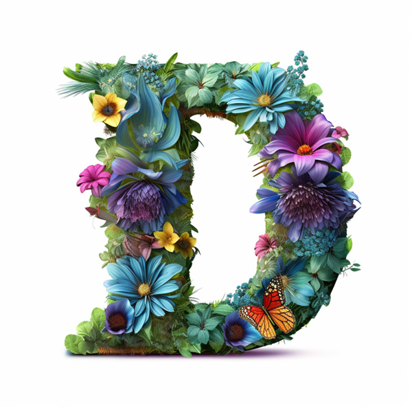 Letter Capital D Midjourney prompt Letter “D”with flower elements, flower, made of flower, 3D, studio lighting