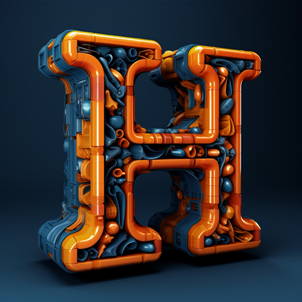 Letter Capital H Midjourney prompt 3D letter capital "H" using a darkblue and orange plastic extrusuion