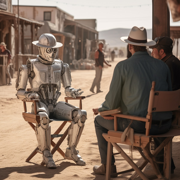 Midjourney prompts chrome metallic robot sitting in a director's chair on the set of a classic Western movie