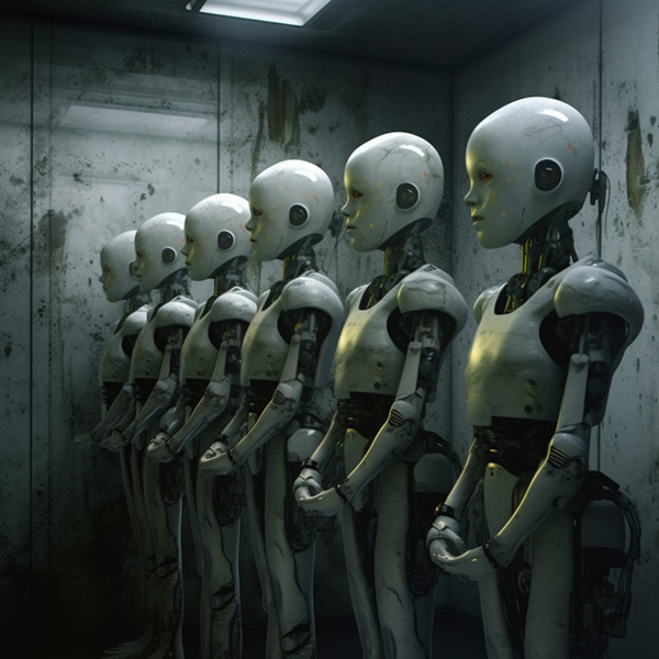 In a dark concrete room, humanoid robots