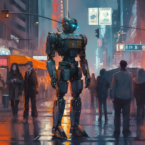 A painting of a robot standing by a busy street, in the style of cyberpunk futurism