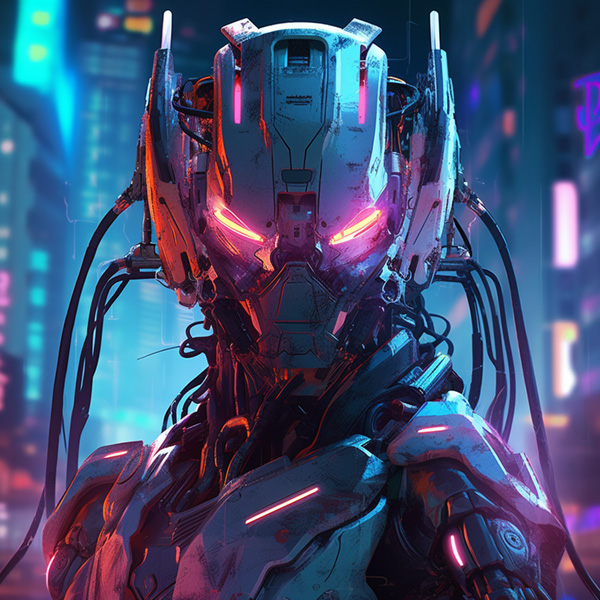 neon cyberpunk robot with glowing eyes and metallic details