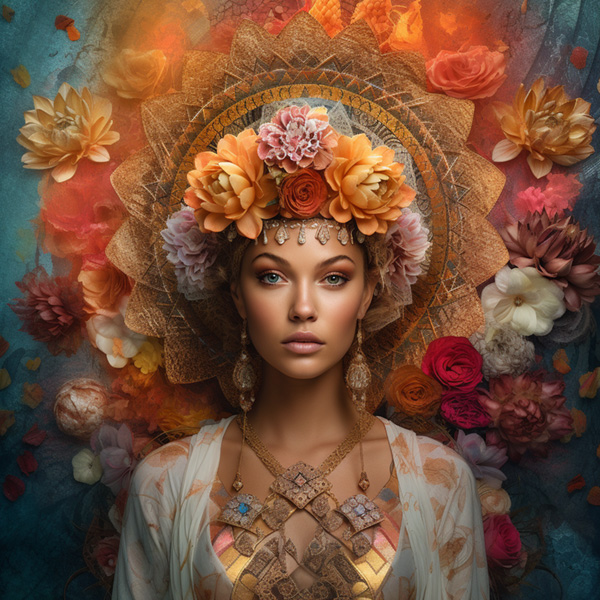 Midjourney prompt Portrait of a very beautiful young woman in front of flower of life mandala wearing a huge elaborate detailed ornate crown made of all types of colorful flowers