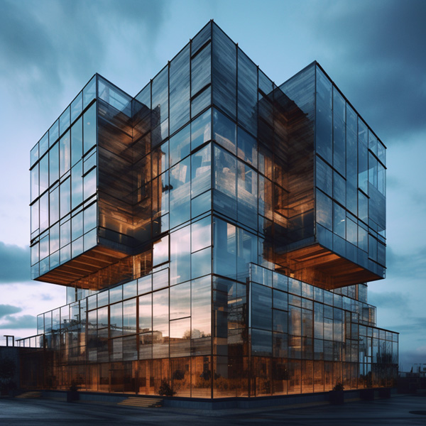 Midjourney prompts building facade with lots of glass