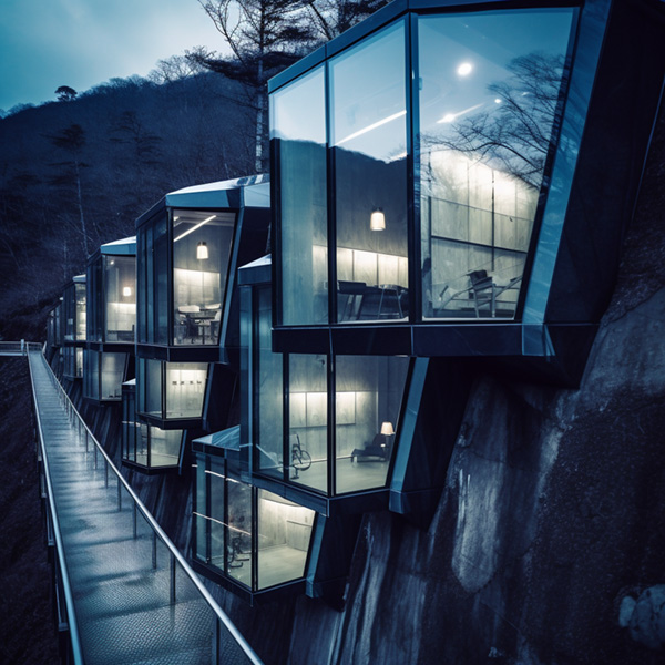 Midjourney prompt apanese boutique capsule hotel in the mountains