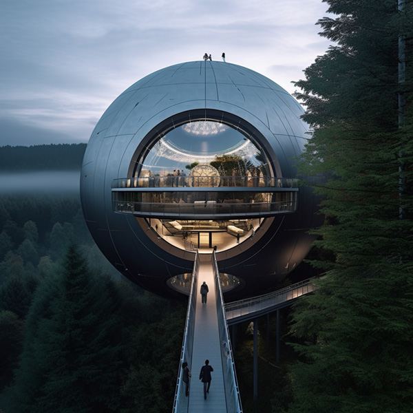 A bizarre structure resembling a gigantic floating eye suspended above a dense forest